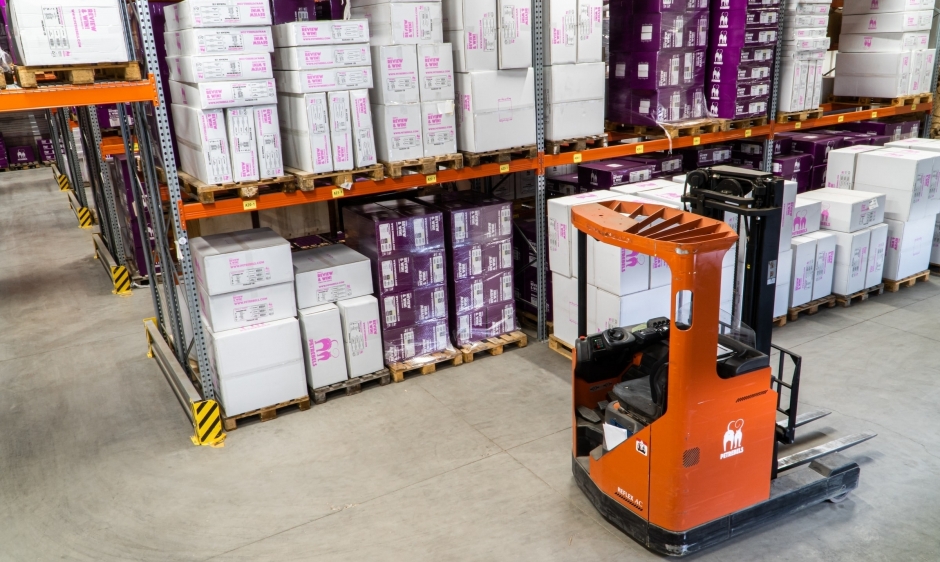 An image of a forklift truck in a warehouse